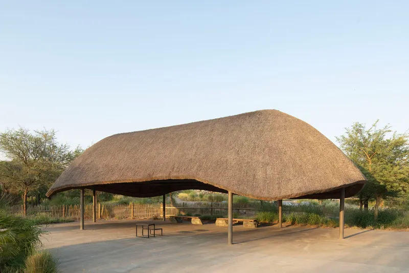 Open-air pavilion with sweeping thatched roof supported by timber columns in a savanna landscape