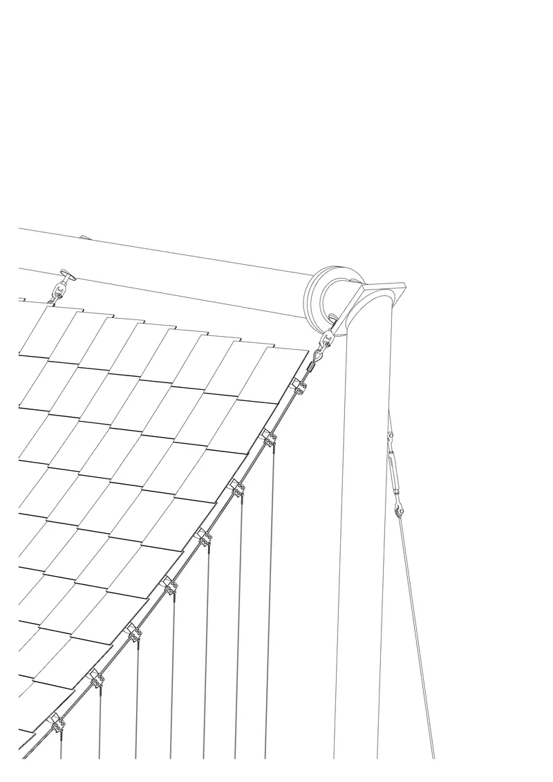 Axonometric drawing showing a cable-stayed canopy corner detail with vertical posts and angled tension cables