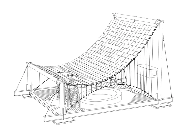 Axonometric drawing of a tensile gridded canopy suspended from masts over a circular floor element