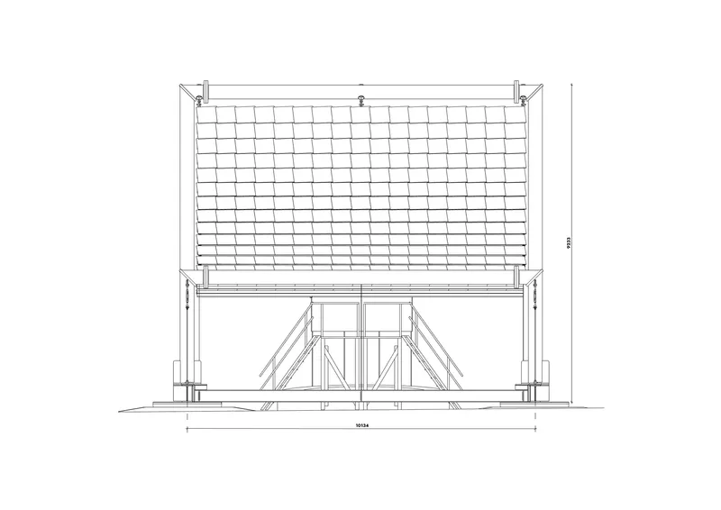 Elevation drawing of a pavilion with a draped grid canopy spanning between two support frames