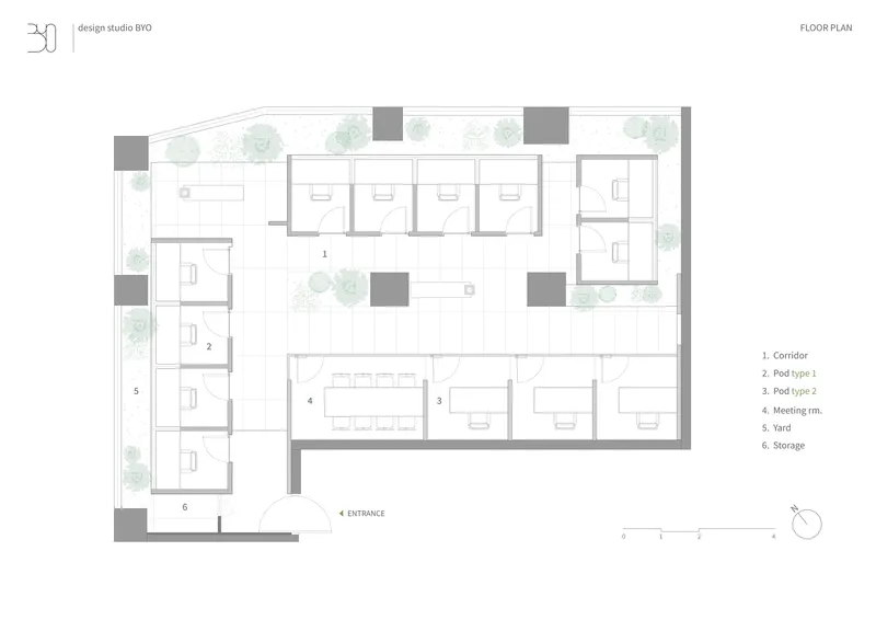 Floor plan drawing showing office pods surrounding a central meeting area with planted courtyards