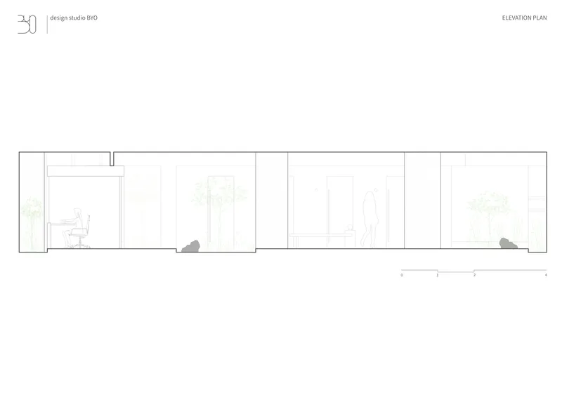 Elevation drawing showing office rooms with transparent partitions and human figure silhouettes
