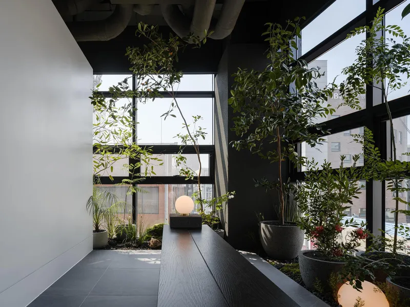 Interior garden courtyard with potted trees and a wooden bench beneath black steel framing