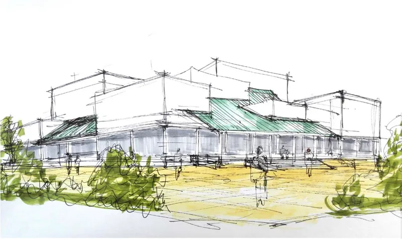 Perspective sketch showing a low-rise complex with sloped green roofs and figures in a sunlit courtyard