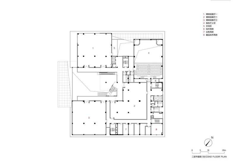 Second floor plan drawing illustrating three main rooms connected by central circulation and service cores