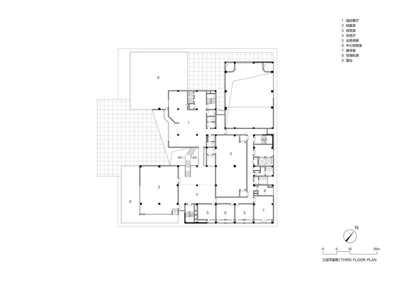 Third floor plan revealing terraces and smaller programmed rooms flanking a central circulation zone