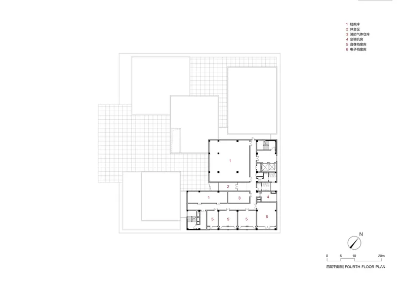 Fourth floor plan drawing showing a central courtyard flanked by rooms and large open terraces