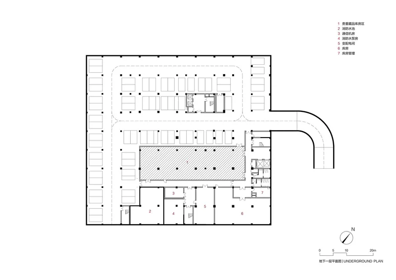 Underground plan drawing showing parking areas with columns and service spaces around the perimeter