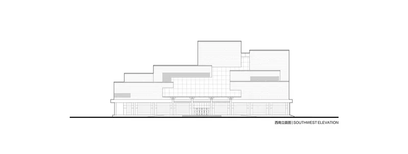 Southwest elevation drawing showing stepped massing with textured facades and recessed openings