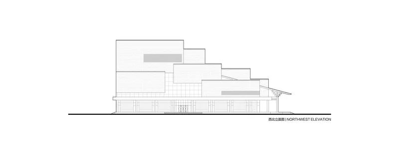 Northwest elevation drawing showing terraced volumes rising from a colonnade base