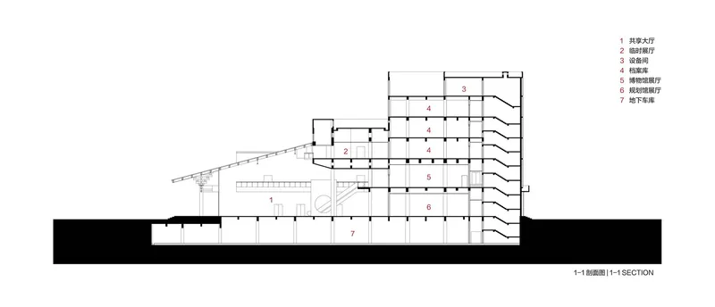 Section drawing showing multilevel interior spaces descending into an underground parking level