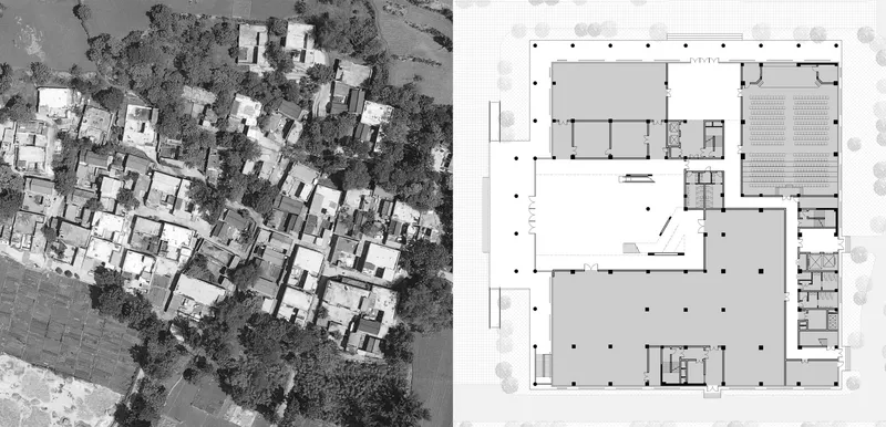 Aerial photograph and floor plan showing the building's relationship to surrounding residential structures and landscape