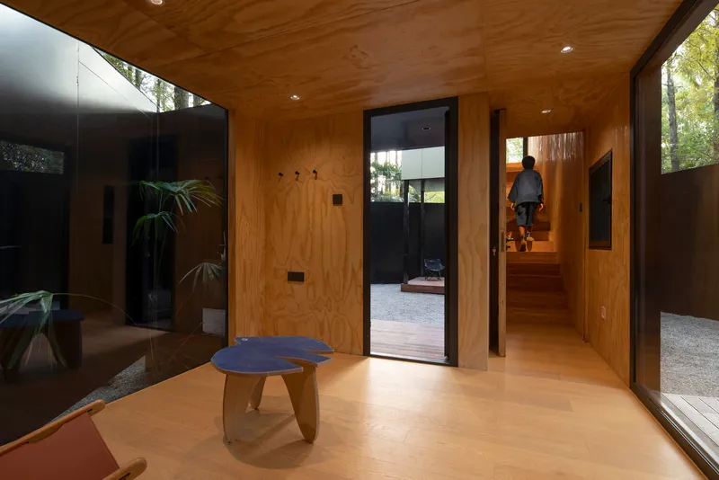 Central plywood-clad room with glazed doors opening to courtyards and a person ascending the staircase