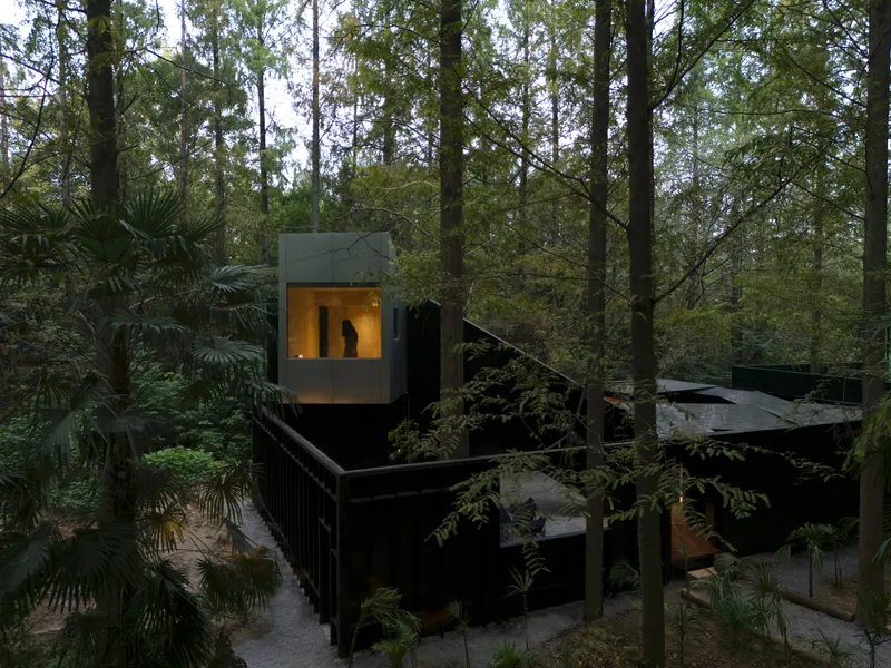 Elevated view of the black steel base and illuminated upper volume nestled among eucalyptus and palms at dusk