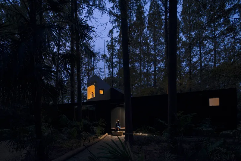 Black metal facade with illuminated openings surrounded by forest vegetation at twilight