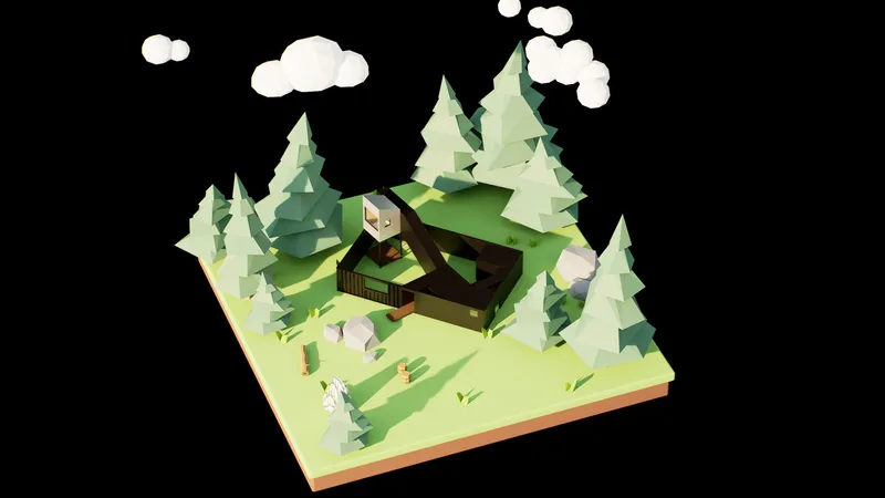 Isometric rendering of a compact dwelling with green roof nestled in a clearing among low-poly conifer trees
