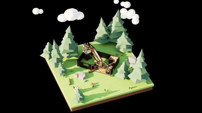 Isometric rendering showing the exploded roof revealing interior spaces of the forest dwelling with bridging staircase