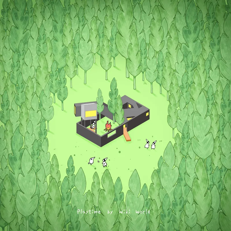 Aerial illustration of clustered dark volumes around a campfire in a forest clearing with scattered wildlife figures