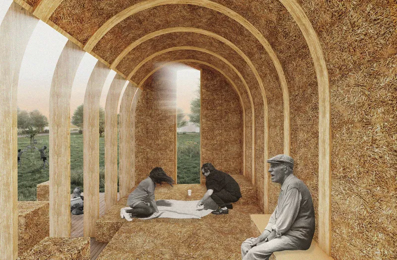 Interior view of the compressed straw vault with timber ribs framing views to the landscape