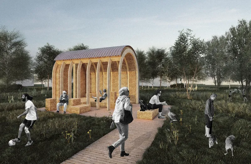 Open pavilion with exposed straw walls and timber frame sheltering visitors and dogs on brick paths