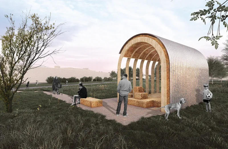 Rendering of a pavilion with corrugated translucent shell and ribbed timber arches in a park with dog visitors