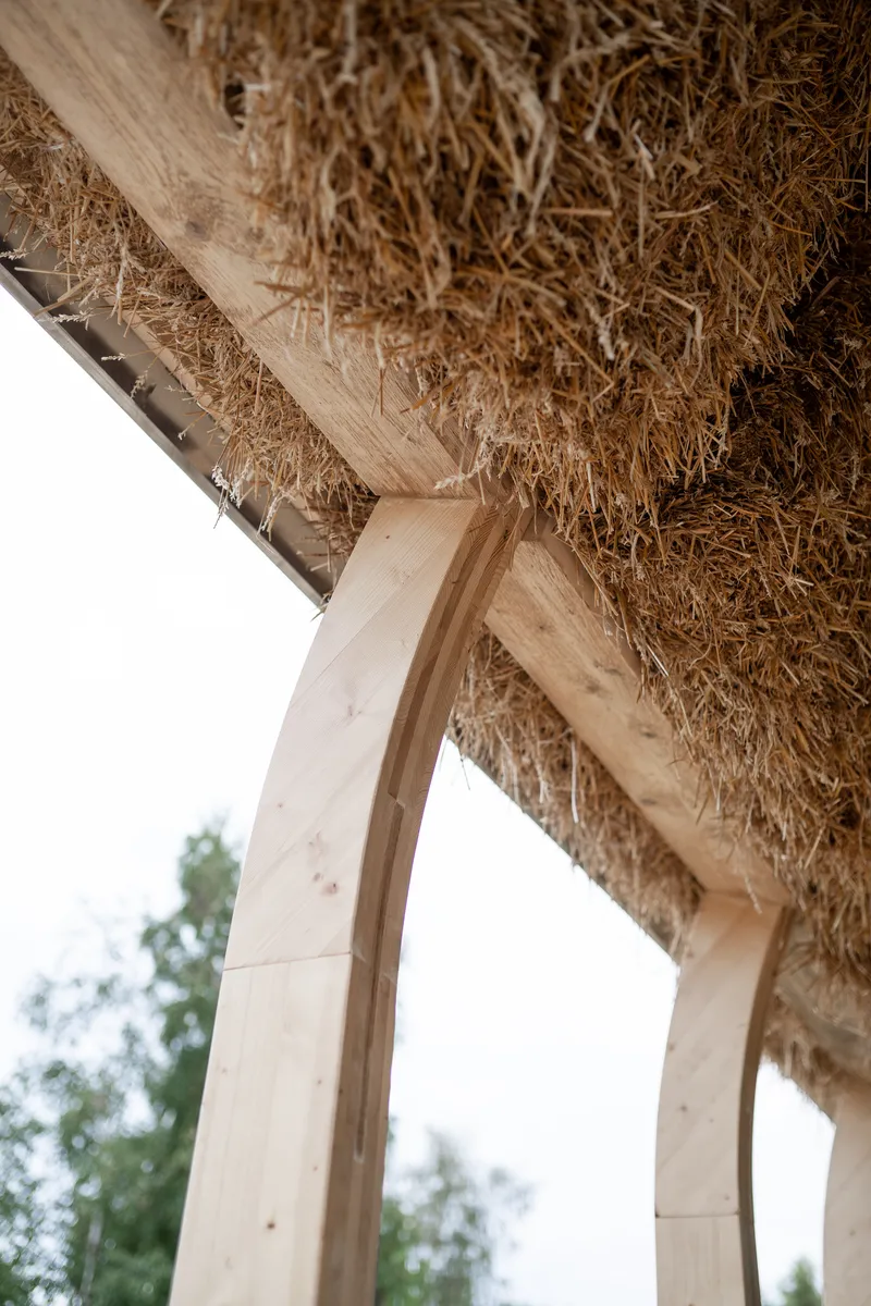 Detail of laminated timber arch meeting the exposed straw bale wall edge against pale sky