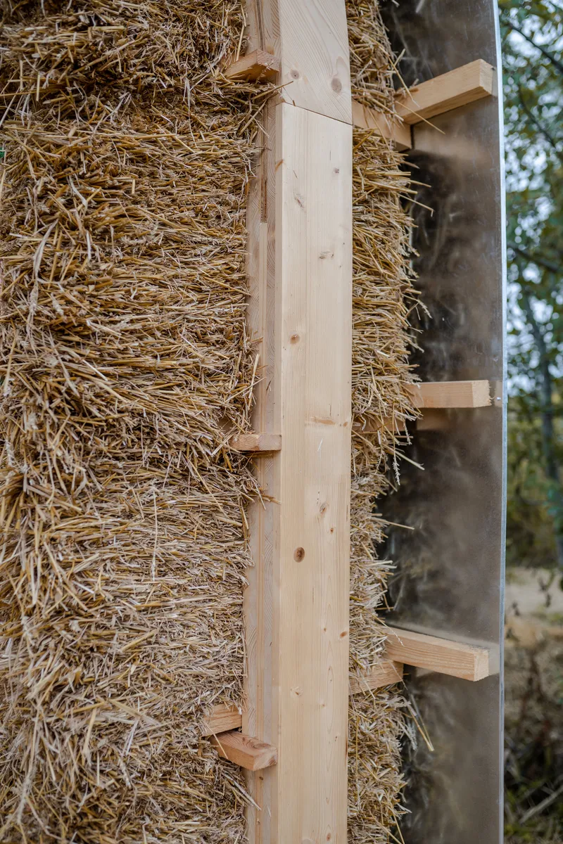 Detail of straw bale wall with timber framing and wooden pegs visible against a tree trunk