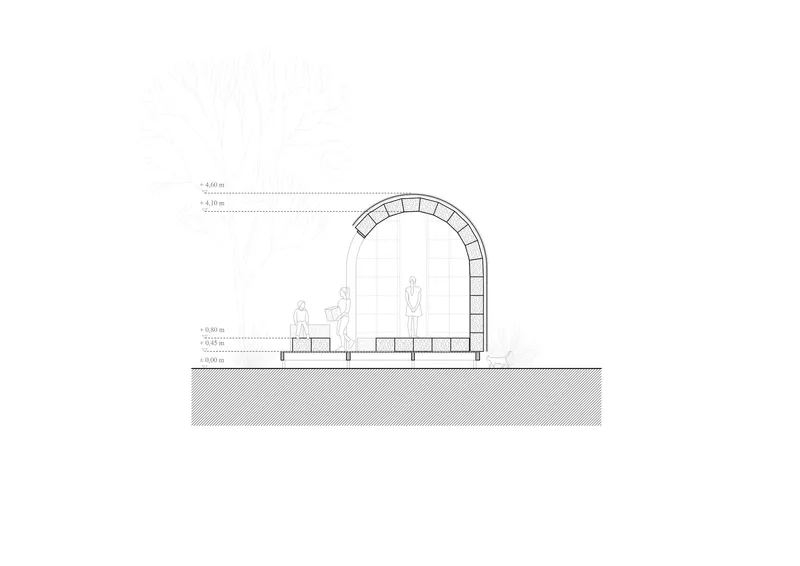 Section drawing showing an arched straw bale structure with figures for scale