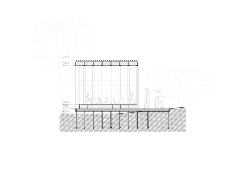 Section drawing illustrating a raised timber platform with vertical supports and foundation piles