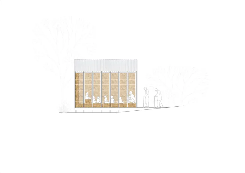 Elevation drawing showing a rectangular structure with vertical straw panel facade and corrugated metal roof with two figures