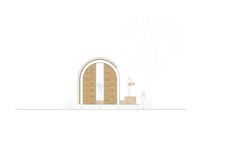 Elevation drawing of arched structure with straw panel walls and central vertical opening with figures nearby