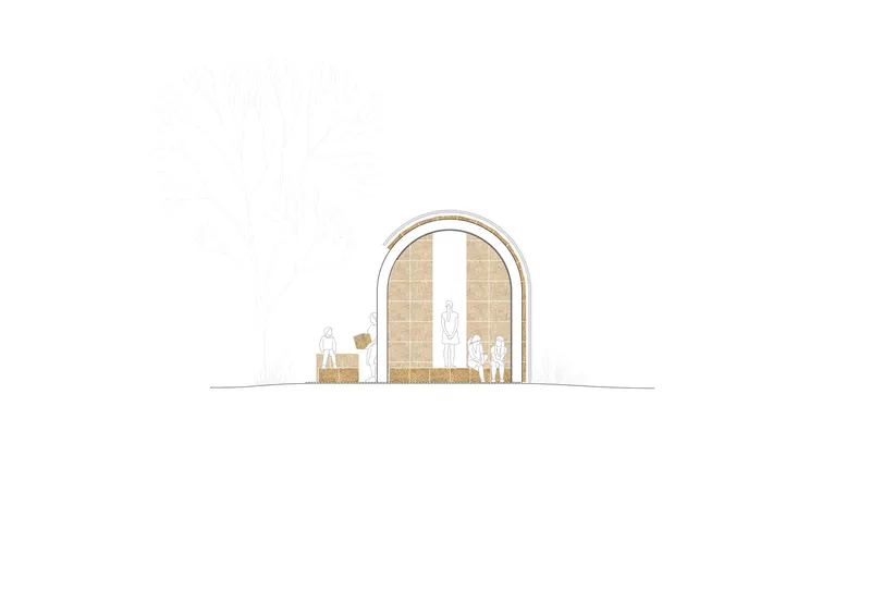 Elevation drawing of arched pavilion with straw panel walls and tall central opening with figures inside