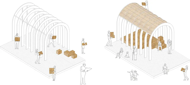 Isometric drawing showing two pavilion variations with arched frames and straw panel infill with figures carrying boxes