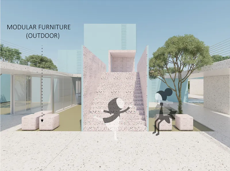 Modular outdoor furniture and playful stair elements activate social learning zones.