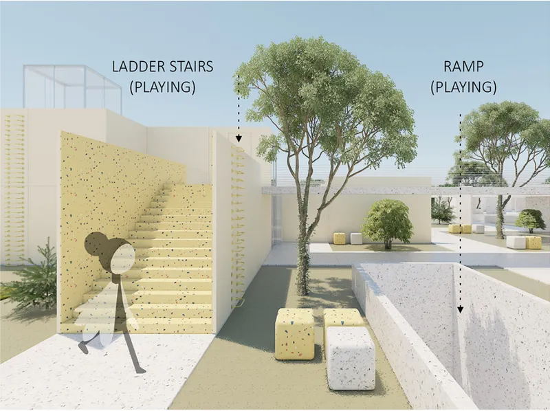 Ladder stairs and ramps transform circulation into interactive play experiences.