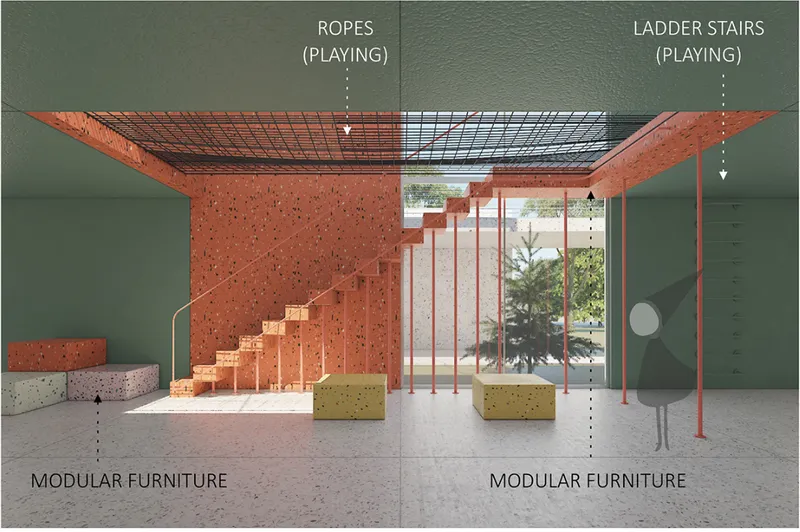 Ropes and vertical structures introduce movement, risk, and exploration into interiors.