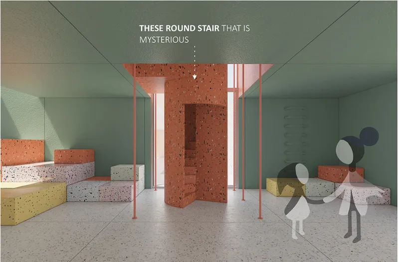 Mysterious circular stair cores encourage curiosity and spatial discovery.