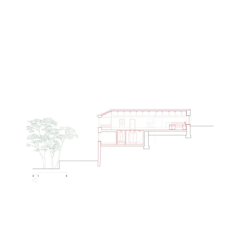 Section drawing with the upper level and structural walls highlighted in red among trees