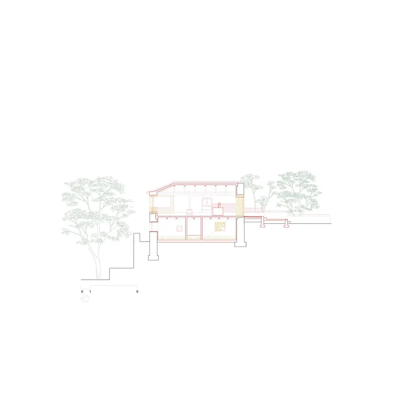 Section drawing showing a split-level residence with gabled roof nestled into a sloping site with surrounding trees
