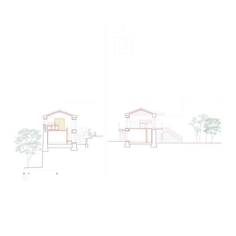 Two section drawings revealing the internal spatial organization of gabled volumes on stepped terrain with adjacent vegetation