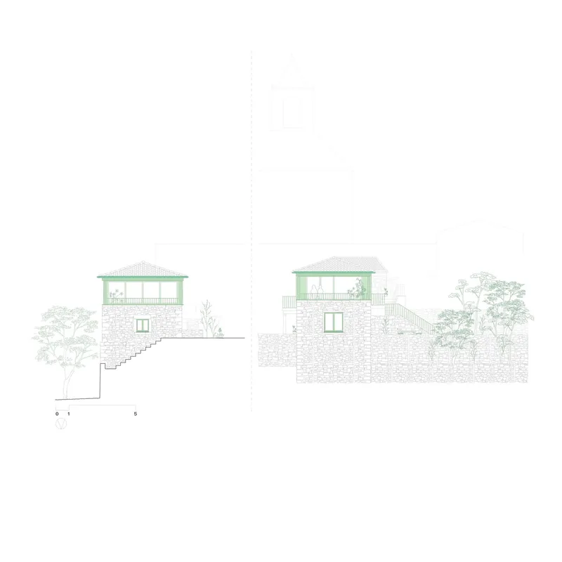 Elevation drawings depicting stone-clad volumes with external stairs ascending the topography alongside mature trees
