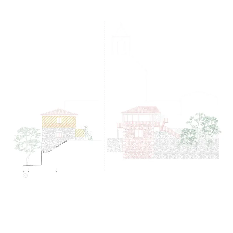 Elevation drawings showing two-story masonry structures with pitched roofs set into a landscaped hillside