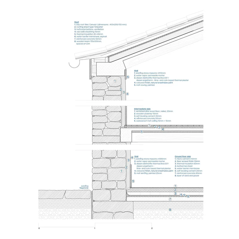Construction detail drawings illustrating roof eave, wall assembly, intermediate slab, and ground floor conditions with material annotations