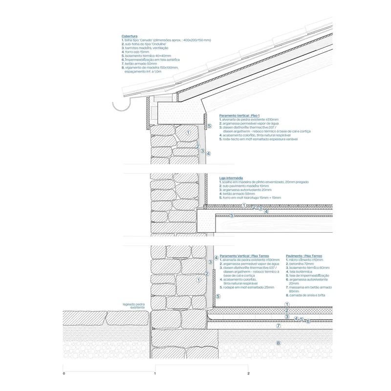 Construction detail drawings showing roof, wall, and floor junctions with masonry and thermal insulation layer specifications