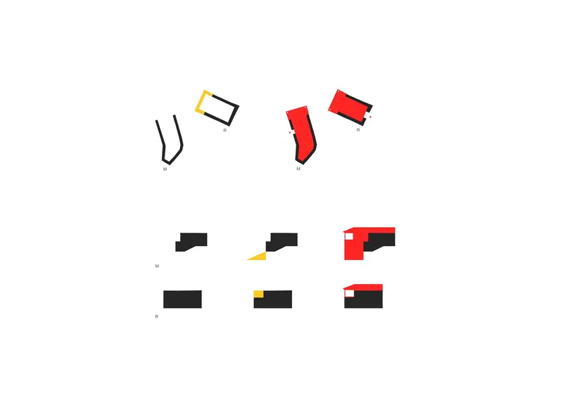 Axonometric drawing showing a phased construction sequence with red volumes added to a black base structure