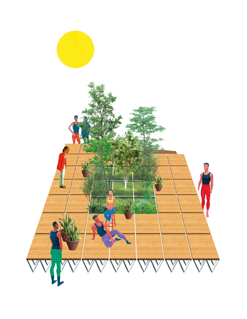 Modular timber platform designed as a green urban oasis for art, gathering, and cultural interaction.