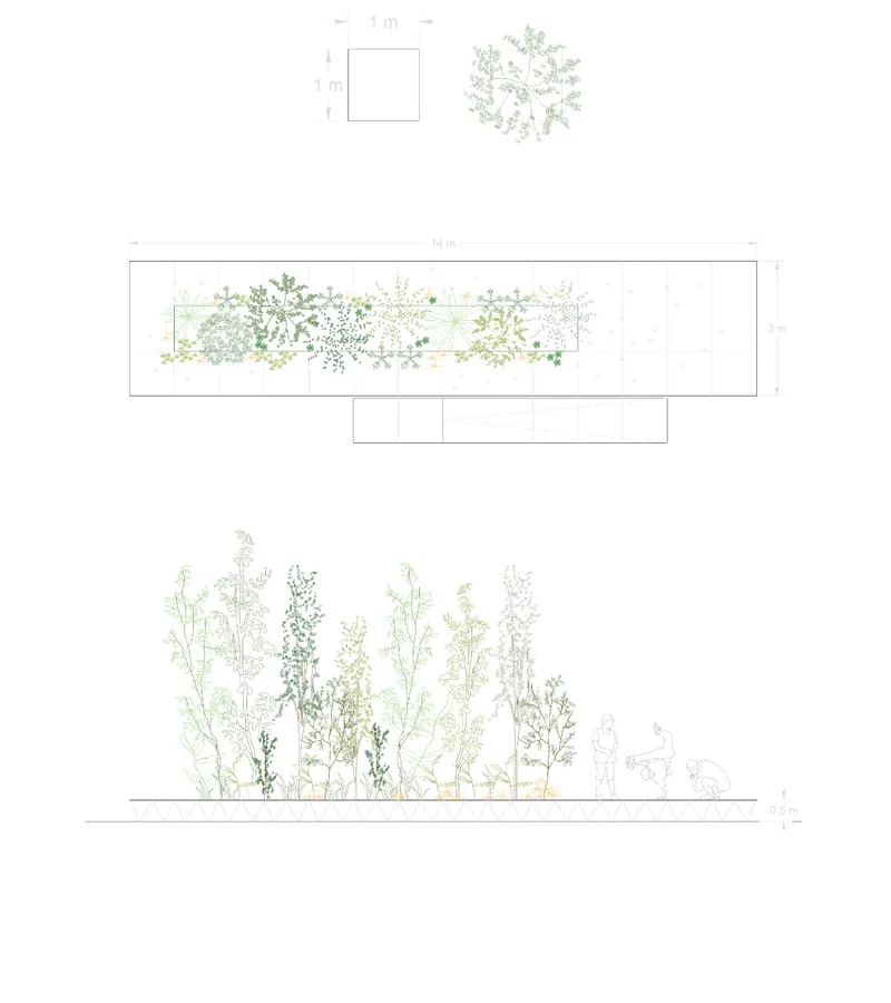 Adaptive architectural system combining modular design, vegetation, and recycled materials for urban activation.