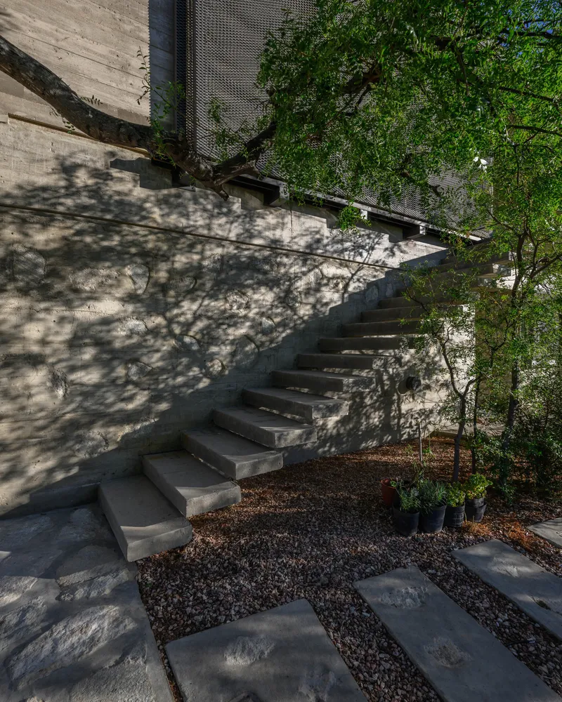 Exterior concrete staircase ascending to the house through dappled tree shadows and gravel planting beds