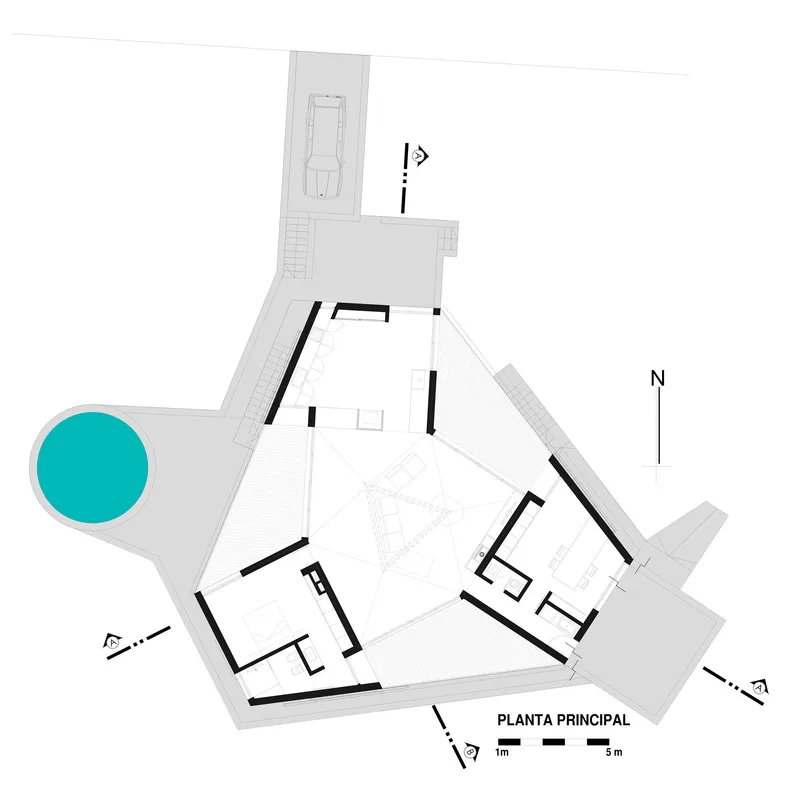 Upper floor plan drawing showing rooms arranged around a triangular central void with circular pool below