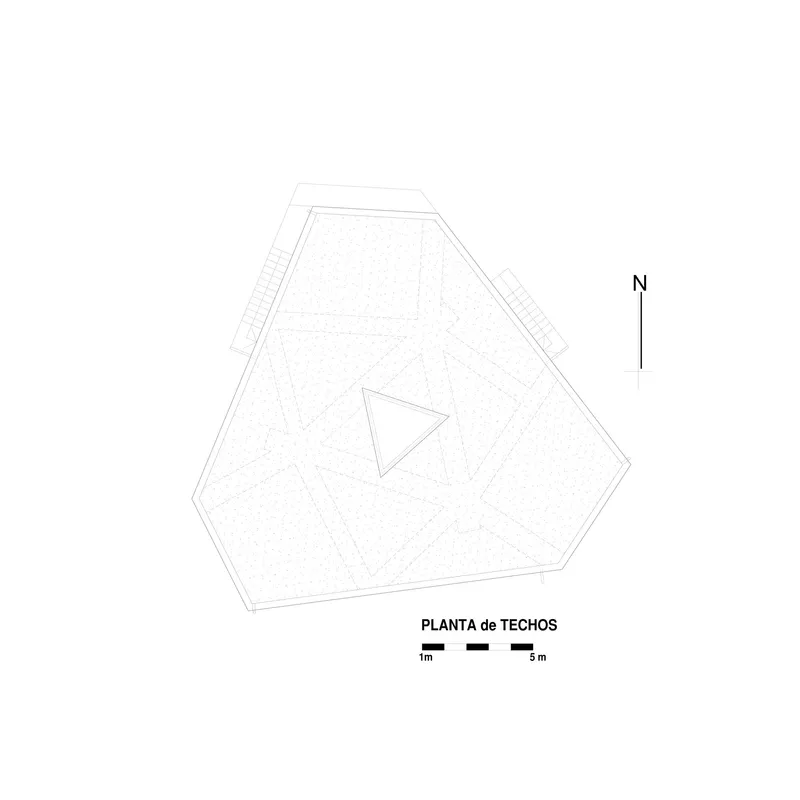 Roof plan drawing showing a pentagonal volume with a central triangular courtyard and north orientation arrow
